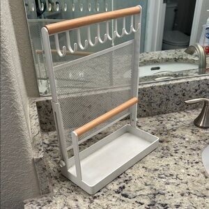 Adjustable height White Metal Jewelry Organizer with Wood Accent